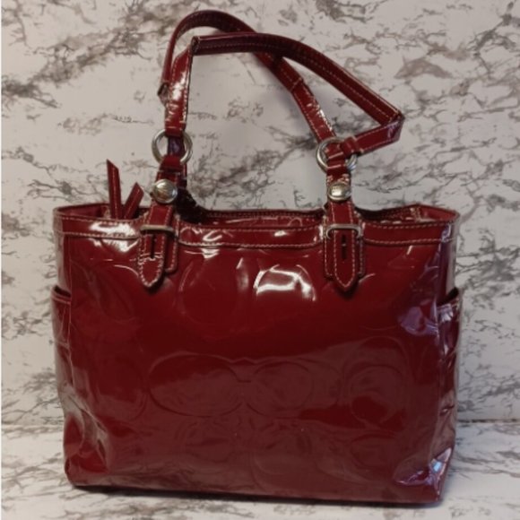 Coach Dark Red Patent Leather Logo Embossed Signature Purse EUC